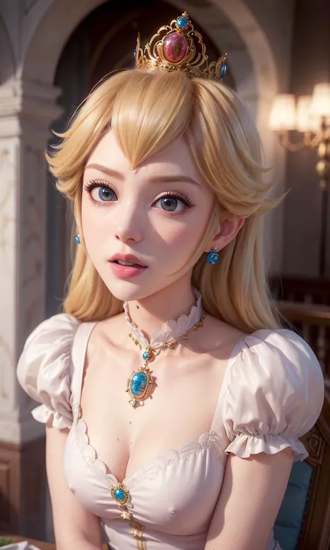 absurdres, 1girl,medium breast, star eye, (princess peach), blush, (realistic:1.5), (blue eyes:0.8), (masterpiece, Extremely detailed CG unity 8k wallpaper, best quality, highres:1.2), (ultra_detailed, UHD:1.2), (pixiv:1.3), perfect illumination, distinct, (1girl:1.4), (bishoujo:1.2), looking at viewer, unreal engine, sidelighting, perfect face, detailed face, bangs, perfect body, beautiful eyes, pretty face, (bright skin:1.4), idol, ulzzang-6500-v1.1, castle, <lora:princessPeachMario_v10:0.5>