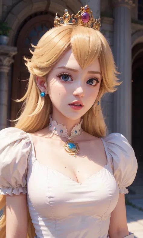 absurdres, 1girl,medium breast, star eye, (princess peach), blush, (realistic:1.5), (blue eyes:0.8), (masterpiece, Extremely detailed CG unity 8k wallpaper, best quality, highres:1.2), (ultra_detailed, UHD:1.2), (pixiv:1.3), perfect illumination, distinct, (1girl:1.4), (bishoujo:1.2), looking at viewer, unreal engine, sidelighting, perfect face, detailed face, bangs, perfect body, beautiful eyes, pretty face, (bright skin:1.4), idol, ulzzang-6500-v1.1, castle, <lora:princessPeachMario_v10:0.5>