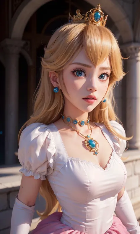 absurdres, 1girl,medium breast, star eye, (princess peach), blush, (realistic:1.5), (blue eyes:0.8), (masterpiece, Extremely detailed CG unity 8k wallpaper, best quality, highres:1.2), (ultra_detailed, UHD:1.2), (pixiv:1.3), perfect illumination, distinct, (1girl:1.4), (bishoujo:1.2), looking at viewer, unreal engine, sidelighting, perfect face, detailed face, bangs, perfect body, beautiful eyes, pretty face, (bright skin:1.4), idol, ulzzang-6500-v1.1, castle, <lora:princessPeachMario_v10:0.5>