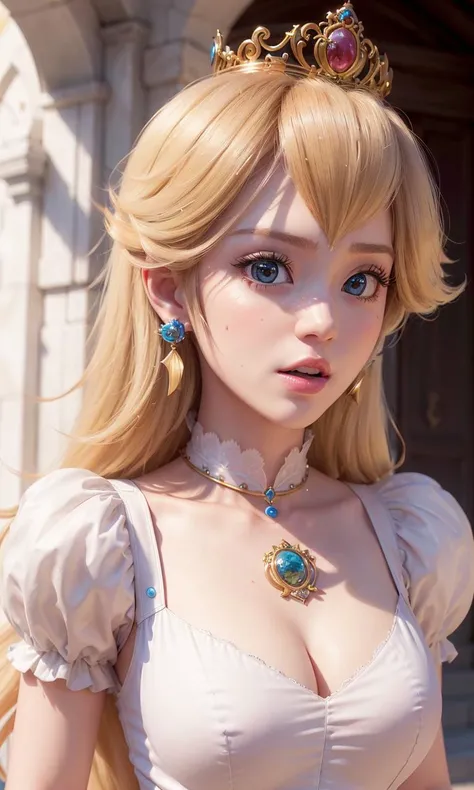 absurdres, 1girl,medium breast, star eye, (princess peach), blush, (realistic:1.5), (blue eyes:0.8), (masterpiece, Extremely detailed CG unity 8k wallpaper, best quality, highres:1.2), (ultra_detailed, UHD:1.2), (pixiv:1.3), perfect illumination, distinct, (1girl:1.4), (bishoujo:1.2), looking at viewer, unreal engine, sidelighting, perfect face, detailed face, bangs, perfect body, beautiful eyes, pretty face, (bright skin:1.4), idol, ulzzang-6500-v1.1, castle, <lora:princessPeachMario_v10:0.5>