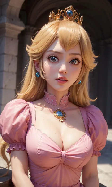absurdres, 1girl,medium breast, star eye, (princess peach), blush, (realistic:1.5), (blue eyes:0.8), (masterpiece, Extremely detailed CG unity 8k wallpaper, best quality, highres:1.2), (ultra_detailed, UHD:1.2), (pixiv:1.3), perfect illumination, distinct, (1girl:1.4), (bishoujo:1.2), looking at viewer, unreal engine, sidelighting, perfect face, detailed face, bangs, perfect body, beautiful eyes, pretty face, (bright skin:1.4), idol, ulzzang-6500-v1.1, castle, <lora:princessPeachMario_v10:0.5>