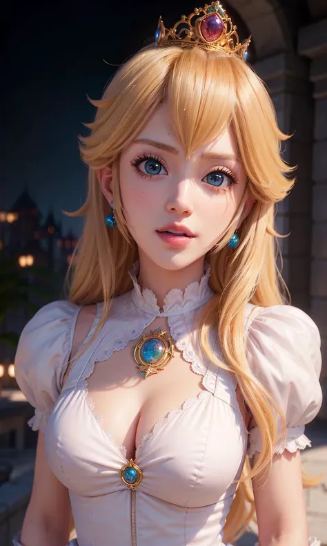 absurdres, 1girl,medium breast, star eye, (princess peach), blush, (realistic:1.5), (blue eyes:0.8), (masterpiece, Extremely detailed CG unity 8k wallpaper, best quality, highres:1.2), (ultra_detailed, UHD:1.2), (pixiv:1.3), perfect illumination, distinct, (1girl:1.4), (bishoujo:1.2), looking at viewer, unreal engine, sidelighting, perfect face, detailed face, bangs, perfect body, beautiful eyes, pretty face, (bright skin:1.4), idol, ulzzang-6500-v1.1, castle, <lora:princessPeachMario_v10:0.5>