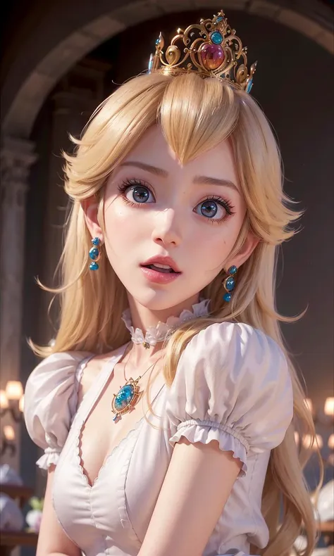 absurdres, 1girl,medium breast, star eye, (princess peach), blush, (realistic:1.5), (blue eyes:0.8), (masterpiece, Extremely detailed CG unity 8k wallpaper, best quality, highres:1.2), (ultra_detailed, UHD:1.2), (pixiv:1.3), perfect illumination, distinct, (1girl:1.4), (bishoujo:1.2), looking at viewer, unreal engine, sidelighting, perfect face, detailed face, bangs, perfect body, beautiful eyes, pretty face, (bright skin:1.4), idol, ulzzang-6500-v1.1, castle, <lora:princessPeachMario_v10:0.5>