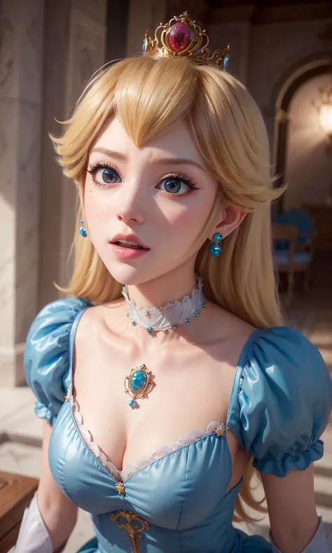 absurdres, 1girl,medium breast, star eye, (princess peach), blush, (realistic:1.5), (blue eyes:0.8), (masterpiece, Extremely detailed CG unity 8k wallpaper, best quality, highres:1.2), (ultra_detailed, UHD:1.2), (pixiv:1.3), perfect illumination, distinct, (1girl:1.4), (bishoujo:1.2), looking at viewer, unreal engine, sidelighting, perfect face, detailed face, bangs, perfect body, beautiful eyes, pretty face, (bright skin:1.4), idol, ulzzang-6500-v1.1, castle, <lora:princessPeachMario_v10:0.5>