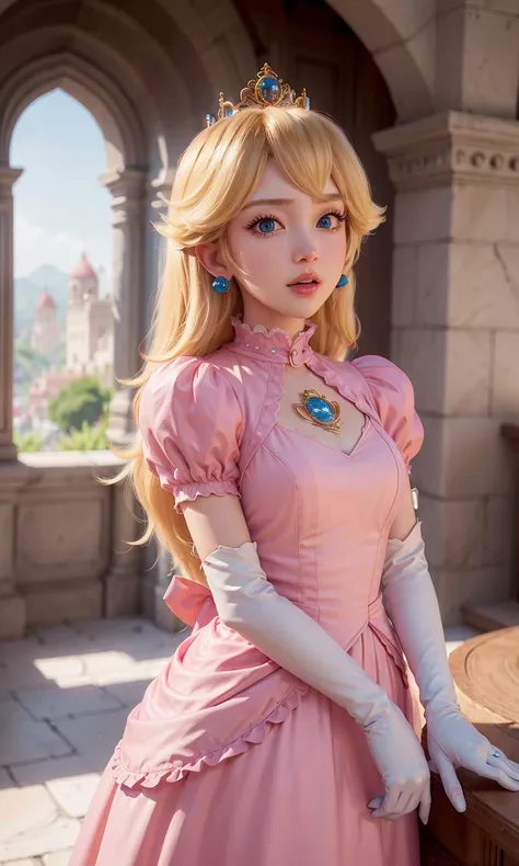 absurdres, 1girl,medium breast, star eye, (princess peach), blush, (realistic:1.5), (blue eyes:0.8), (masterpiece, Extremely detailed CG unity 8k wallpaper, best quality, highres:1.2), (ultra_detailed, UHD:1.2), (pixiv:1.3), perfect illumination, distinct, (1girl:1.4), (bishoujo:1.2), looking at viewer, unreal engine, sidelighting, perfect face, detailed face, bangs, perfect body, beautiful eyes, pretty face, (bright skin:1.4), idol, ulzzang-6500-v1.1, castle, <lora:princessPeachMario_v10:0.5>