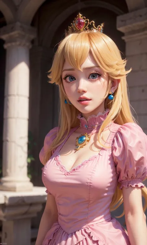 absurdres, 1girl,medium breast, star eye, (princess peach), blush, (realistic:1.5), (blue eyes:0.8), (masterpiece, Extremely detailed CG unity 8k wallpaper, best quality, highres:1.2), (ultra_detailed, UHD:1.2), (pixiv:1.3), perfect illumination, distinct, (1girl:1.4), (bishoujo:1.2), looking at viewer, unreal engine, sidelighting, perfect face, detailed face, bangs, perfect body, beautiful eyes, pretty face, (bright skin:1.4), idol, ulzzang-6500-v1.1, castle, <lora:princessPeachMario_v10:0.5>