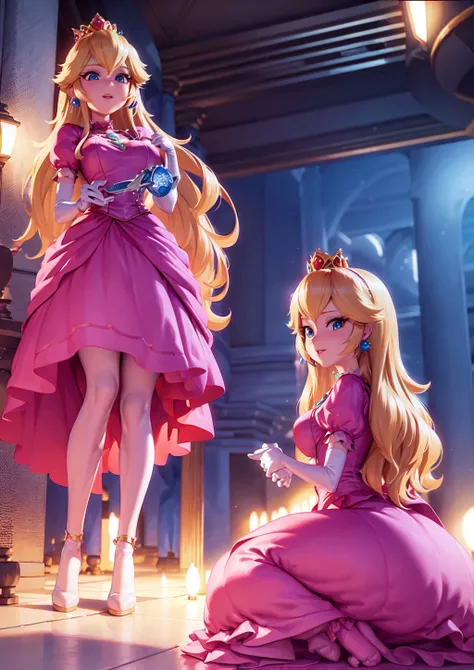 3D,3D render, global illumination, subsurface scattering, pixar style, Princess_Peach (wearing pink gown),, 1girl, blonde hair, seductive expression, sexy eyes, shiny skin, simple background <lora:princessPeachMario_v10:0.6> solo playing chess board sitting