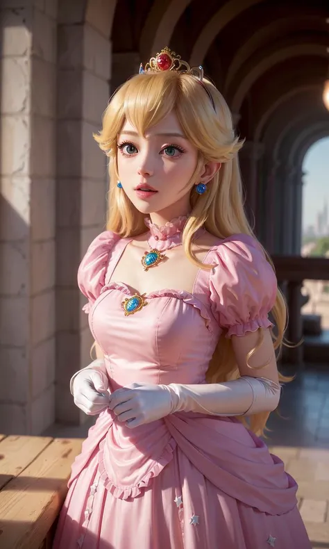 absurdres, 1girl,medium breast, star eye, (princess peach), blush, (realistic:1.5), (blue eyes:0.8), (masterpiece, Extremely detailed CG unity 8k wallpaper, best quality, highres:1.2), (ultra_detailed, UHD:1.2), (pixiv:1.3), perfect illumination, distinct, (1girl:1.4), (bishoujo:1.2), looking at viewer, unreal engine, sidelighting, perfect face, detailed face, bangs, perfect body, beautiful eyes, pretty face, (bright skin:1.4), idol, ulzzang-6500-v1.1, castle, <lora:princessPeachMario_v10:0.5>