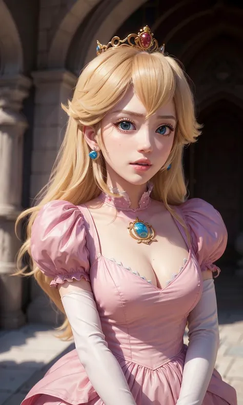 absurdres, 1girl,medium breast, star eye, (princess peach), blush, (realistic:1.5), (blue eyes:0.8), (masterpiece, Extremely detailed CG unity 8k wallpaper, best quality, highres:1.2), (ultra_detailed, UHD:1.2), (pixiv:1.3), perfect illumination, distinct, (1girl:1.4), (bishoujo:1.2), looking at viewer, unreal engine, sidelighting, perfect face, detailed face, bangs, perfect body, beautiful eyes, pretty face, (bright skin:1.4), idol, ulzzang-6500-v1.1, castle, <lora:princessPeachMario_v10:0.5>