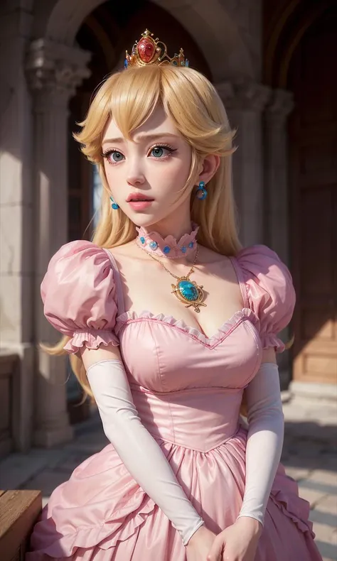 absurdres, 1girl,medium breast, star eye, (princess peach), blush, (realistic:1.5), (blue eyes:0.8), (masterpiece, Extremely detailed CG unity 8k wallpaper, best quality, highres:1.2), (ultra_detailed, UHD:1.2), (pixiv:1.3), perfect illumination, distinct, (1girl:1.4), (bishoujo:1.2), looking at viewer, unreal engine, sidelighting, perfect face, detailed face, bangs, perfect body, beautiful eyes, pretty face, (bright skin:1.4), idol, ulzzang-6500-v1.1, castle, <lora:princessPeachMario_v10:0.5>