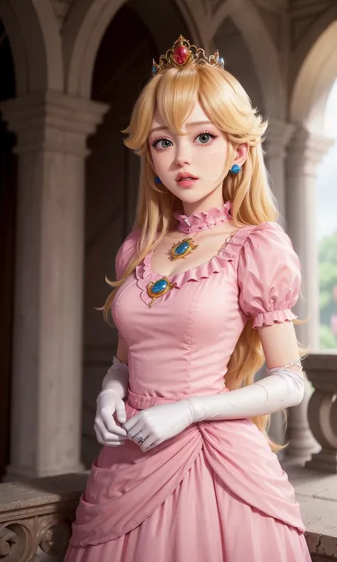 absurdres, 1girl,medium breast, star eye, (princess peach), blush, (realistic:1.5), (blue eyes:0.8), (masterpiece, Extremely detailed CG unity 8k wallpaper, best quality, highres:1.2), (ultra_detailed, UHD:1.2), (pixiv:1.3), perfect illumination, distinct, (1girl:1.4), (bishoujo:1.2), looking at viewer, unreal engine, sidelighting, perfect face, detailed face, bangs, perfect body, beautiful eyes, pretty face, (bright skin:1.4), idol, ulzzang-6500-v1.1, castle, <lora:princessPeachMario_v10:0.5>