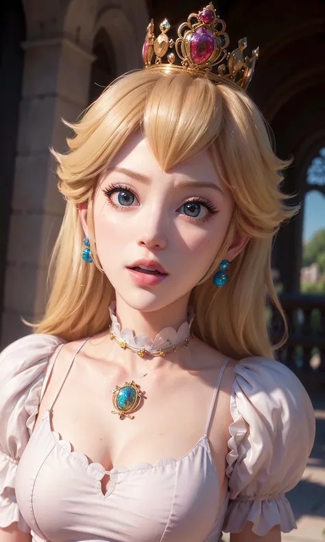 absurdres, 1girl,medium breast, star eye, (princess peach), blush, (realistic:1.5), (blue eyes:0.8), (masterpiece, Extremely detailed CG unity 8k wallpaper, best quality, highres:1.2), (ultra_detailed, UHD:1.2), (pixiv:1.3), perfect illumination, distinct, (1girl:1.4), (bishoujo:1.2), looking at viewer, unreal engine, sidelighting, perfect face, detailed face, bangs, perfect body, beautiful eyes, pretty face, (bright skin:1.4), idol, ulzzang-6500-v1.1, castle, <lora:princessPeachMario_v10:0.5>