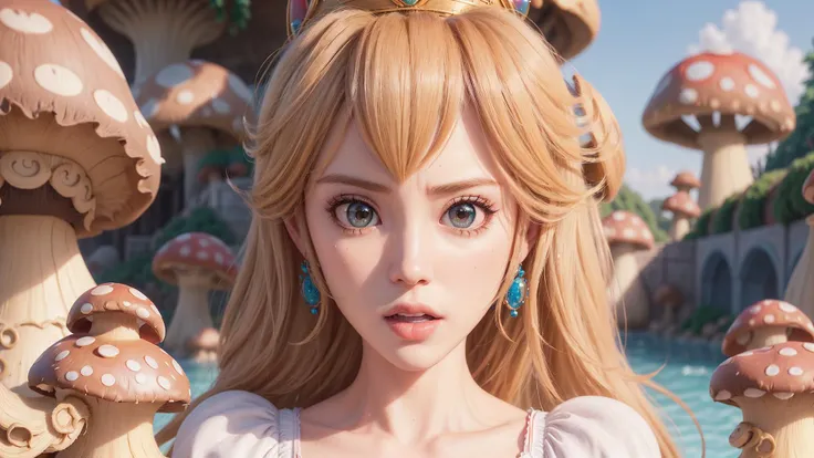 absurdres, 1girl,medium breast, star eye, (princess peach), blush, (realistic:1.5), (blue eyes:0.8), (masterpiece, Extremely detailed CG unity 8k wallpaper, best quality, highres:1.2), (ultra_detailed, UHD:1.2), (pixiv:1.3), perfect illumination, distinct, (1girl:1.4), (bishoujo:1.2), looking at viewer, unreal engine, sidelighting, perfect face, detailed face, bangs, perfect body, beautiful eyes, pretty face, (bright skin:1.4), idol, ulzzang-6500-v1.1, castle, <lora:princessPeachMario_v10:0.45>, ((angry)), (((mushroom kingdom))), furious