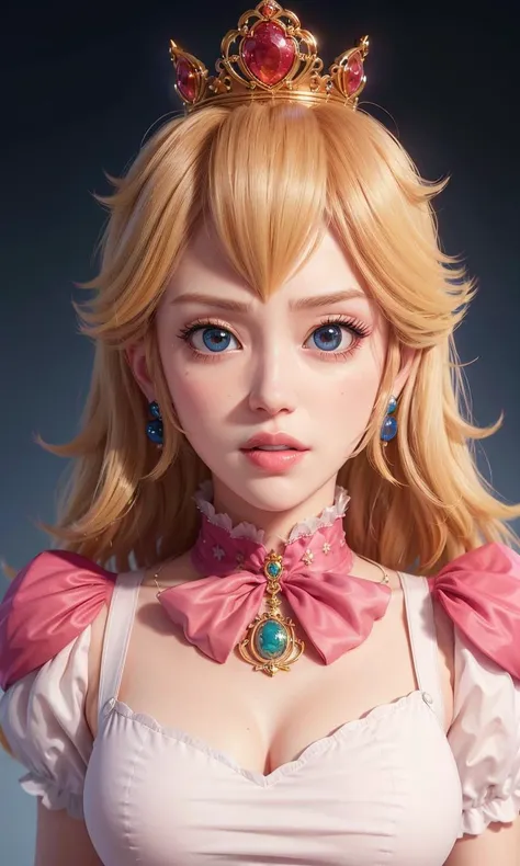 absurdres, 1girl,medium breast, star eye, (princess peach), blush, (realistic:1.5), (blue eyes:0.8), (masterpiece, Extremely detailed CG unity 8k wallpaper, best quality, highres:1.2), (ultra_detailed, UHD:1.2), (pixiv:1.3), perfect illumination, distinct, (1girl:1.4), (bishoujo:1.2), looking at viewer, unreal engine, sidelighting, perfect face, detailed face, bangs, perfect body, beautiful eyes, pretty face, (bright skin:1.4), idol, ulzzang-6500-v1.1, castle, <lora:princessPeachMario_v10:0.5>