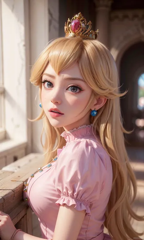 absurdres, 1girl,medium breast, star eye, (princess peach), blush, (realistic:1.5), (blue eyes:0.8), (masterpiece, Extremely detailed CG unity 8k wallpaper, best quality, highres:1.2), (ultra_detailed, UHD:1.2), (pixiv:1.3), perfect illumination, distinct, (1girl:1.4), (bishoujo:1.2), looking at viewer, unreal engine, sidelighting, perfect face, detailed face, bangs, perfect body, beautiful eyes, pretty face, (bright skin:1.4), idol, ulzzang-6500-v1.1, castle, <lora:princessPeachMario_v10:0.5>