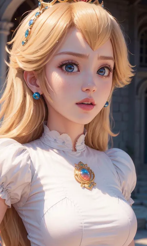 absurdres, 1girl,medium breast, star eye, (princess peach), blush, (realistic:1.5), (blue eyes:0.8), (masterpiece, Extremely detailed CG unity 8k wallpaper, best quality, highres:1.2), (ultra_detailed, UHD:1.2), (pixiv:1.3), perfect illumination, distinct, (1girl:1.4), (bishoujo:1.2), looking at viewer, unreal engine, sidelighting, perfect face, detailed face, bangs, perfect body, beautiful eyes, pretty face, (bright skin:1.4), idol, ulzzang-6500-v1.1, castle, <lora:princessPeachMario_v10:0.5>