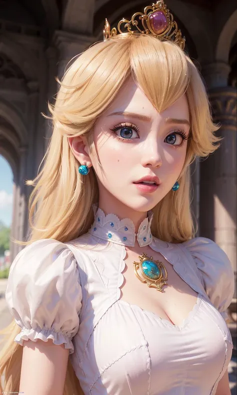 absurdres, 1girl,medium breast, star eye, (princess peach), blush, (realistic:1.5), (blue eyes:0.8), (masterpiece, Extremely detailed CG unity 8k wallpaper, best quality, highres:1.2), (ultra_detailed, UHD:1.2), (pixiv:1.3), perfect illumination, distinct, (1girl:1.4), (bishoujo:1.2), looking at viewer, unreal engine, sidelighting, perfect face, detailed face, bangs, perfect body, beautiful eyes, pretty face, (bright skin:1.4), idol, ulzzang-6500-v1.1, castle, <lora:princessPeachMario_v10:0.5>