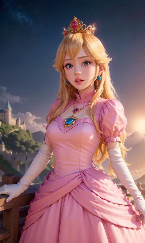 absurdres, 1girl,medium breast, star eye, (princess peach), blush, (realistic:1.5), (blue eyes:0.8), (masterpiece, Extremely detailed CG unity 8k wallpaper, best quality, highres:1.2), (ultra_detailed, UHD:1.2), (pixiv:1.3), perfect illumination, distinct, (1girl:1.4), (bishoujo:1.2), looking at viewer, unreal engine, sidelighting, perfect face, detailed face, bangs, perfect body, beautiful eyes, pretty face, (bright skin:1.4), idol, ulzzang-6500-v1.1, castle, <lora:princessPeachMario_v10:0.5>