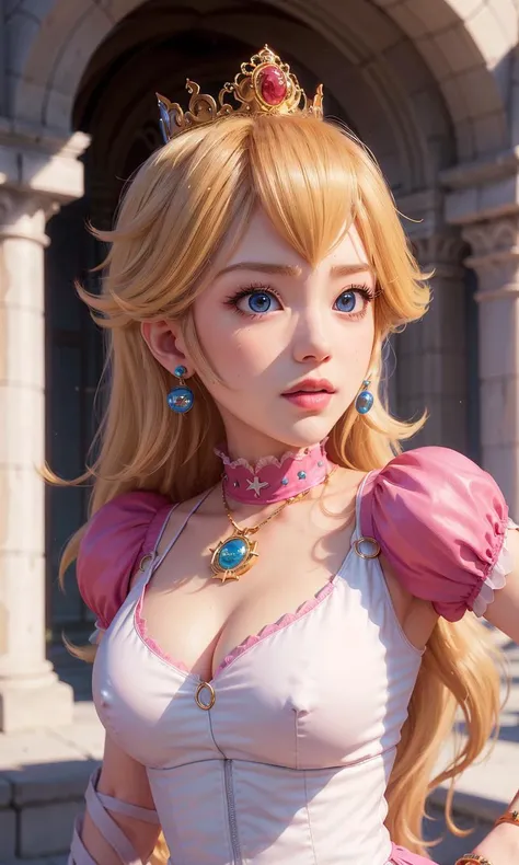 absurdres, 1girl,medium breast, star eye, (princess peach), blush, (realistic:1.5), (blue eyes:0.8), (masterpiece, Extremely detailed CG unity 8k wallpaper, best quality, highres:1.2), (ultra_detailed, UHD:1.2), (pixiv:1.3), perfect illumination, distinct, (1girl:1.4), (bishoujo:1.2), looking at viewer, unreal engine, sidelighting, perfect face, detailed face, bangs, perfect body, beautiful eyes, pretty face, (bright skin:1.4), idol, ulzzang-6500-v1.1, castle, <lora:princessPeachMario_v10:0.5>