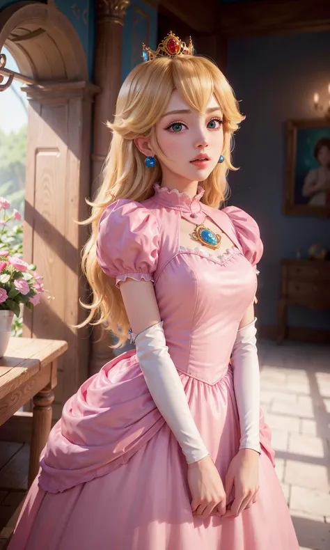 absurdres, 1girl,medium breast, star eye, (princess peach), blush, (realistic:1.5), (blue eyes:0.8), (masterpiece, Extremely detailed CG unity 8k wallpaper, best quality, highres:1.2), (ultra_detailed, UHD:1.2), (pixiv:1.3), perfect illumination, distinct, (1girl:1.4), (bishoujo:1.2), looking at viewer, unreal engine, sidelighting, perfect face, detailed face, bangs, perfect body, beautiful eyes, pretty face, (bright skin:1.4), idol, ulzzang-6500-v1.1, castle, <lora:princessPeachMario_v10:0.5>
