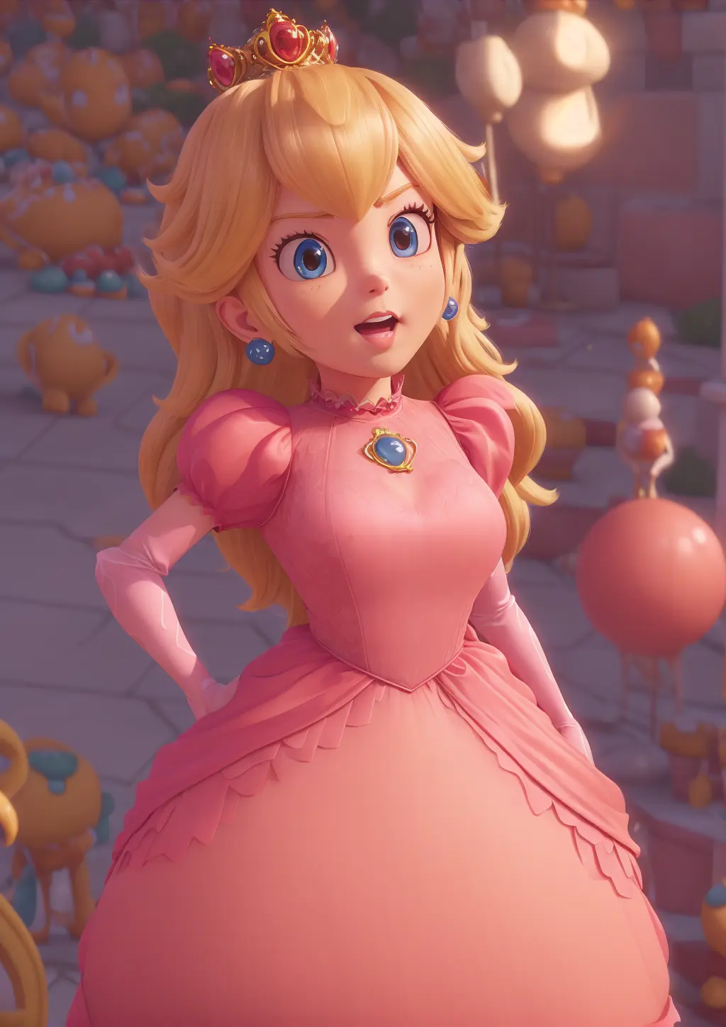 3D,3D render, global illumination, subsurface scattering, pixar style, Princess_Peach (wearing pink gown),, 1girl, blonde hair, seductive expression, sexy eyes, shiny skin, simple background  <lora:peach:0.6>