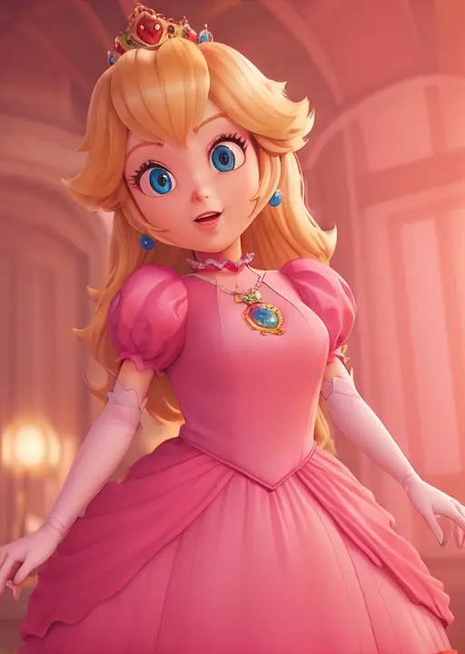3D,3D render, global illumination, subsurface scattering, pixar style, Princess_Peach (wearing pink gown),, 1girl, blonde hair, seductive expression, sexy eyes, shiny skin, simple background <lora:peach:0.6>