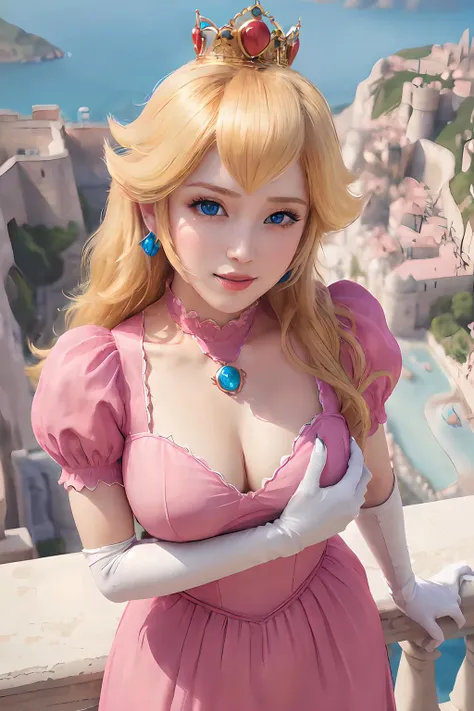 (masterpiece, best quality, highres:1.4), absurdres, 1girl,large breast, star eye, (princess peach), blush, (realistic:1.5), blue eyes, happy, BREAK, pink dress, cute girl,white arm glove, from above,
cowboy shot,perfect illumination, distinct,  looking at viewer, sidelighting, perfect face, detailed face, bangs, perfect body, beautiful eyes, pretty face, bright skin, idol, 
beautiful castle, beautiful city, <lora:peach:0.5>