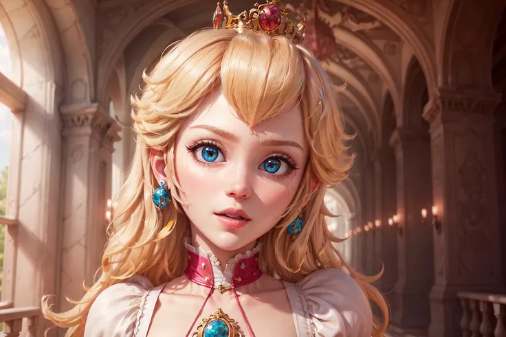 absurdres, 1girl,medium breast, star eye, (princess peach), blush, (realistic:1.5), (blue eyes:0.8), (masterpiece, Extremely detailed CG unity 8k wallpaper, best quality, highres:1.2), (ultra_detailed, UHD:1.2), (pixiv:1.3), perfect illumination, distinct, (1girl:1.4), (bishoujo:1.2), looking at viewer, unreal engine, sidelighting, perfect face, detailed face, bangs, perfect body, beautiful eyes, pretty face, (bright skin:1.4), idol, ulzzang-6500-v1.1, castle, <lora:peach:0.5> <lora:add_detail:0.3> <lora:hipoly3DModelLora_v10:0.05> <lora:RSERomantic_RSESofiko_RSEEmma-v1:0.1>