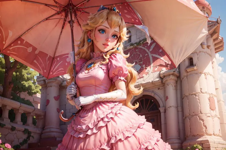 1girl, star eye, (princess peach), blush, pink dress, holding pink umbrella, (cowboy shot:1.5), (realistic:1.5), (blue eyes:0.8), (masterpiece, highres:1.2), perfect illumination, distinct, (1girl:1.4), sidelighting, perfect face, detailed face, bangs, perfect body, beautiful eyes, pretty face, (bright skin:1.4), idol, castle, <lora:peach:0.5> <lora:add_detail:0.3> <lora:hipoly3DModelLora_v10:0.05> <lora:RSERomantic_RSESofiko_RSEEmma-v1:0.1>