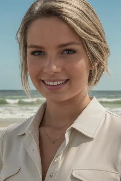 ((2/3 body view)), professional, zoomed out, wide angle, wearing slacks and a blouse, on a beach in North Carolina, eye to eye contact, detailed face, detailed skin with pores, photography, hq, photorealistic, epiCRealism, (((SFW))), <lora:Kennedy_Thames:0.75>