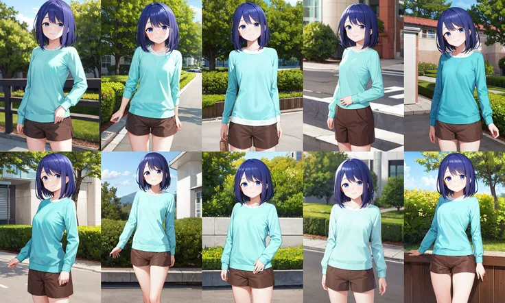 masterpiece, best quality, highres, 1girl, solo, medium hair, blue hair, blue eyes, aqua shirt, long sleeves, brown shorts, <lora:kubo_saki_v1:0.7>, standing, cowboy shot, smile, outdoors,