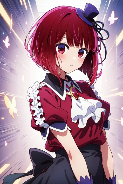 masterpiece,best quality,highres,1girl,comic,BOOM,glitch,original illustration composition,fusion of limited color,maximalism artstyle,geometric artstyle,butterflies,junk art,[Cogecha],torino,{momoko},[ciloranko],Nozomi Tsubame,Haoni,[re:shimashima, gabiran],Ambilight,harajuku fashion,<lora:arima_kana_v1:1>,aakana,short hair,mini hat,head tilt,red eyes,jewelry,brooch,white ascot,frills,red shirt,short sleeves,pink gloves,black skirt,