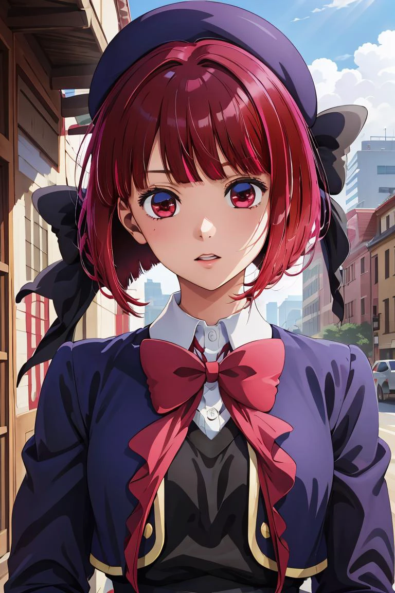 (masterpiece, best quality), 1girl, <lora:arima_kana_v1:1> aakana, short hair, beret, red eyes, blue headwear, red bowtie, collared shirt, blue jacket, open jacket, long sleeves, grey skirt |