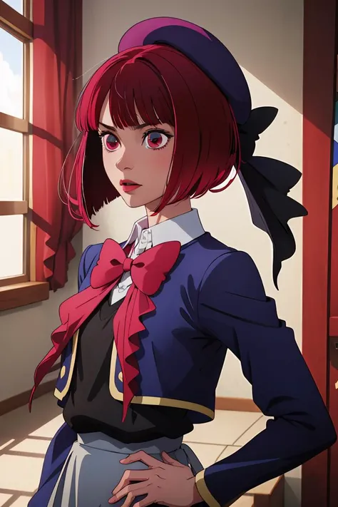 (masterpiece, best quality), 1girl, <lora:arima_kana_v1:1> aakana, short hair, beret, red eyes, blue headwear, red bowtie, collared shirt, blue jacket, open jacket, long sleeves, grey skirt |