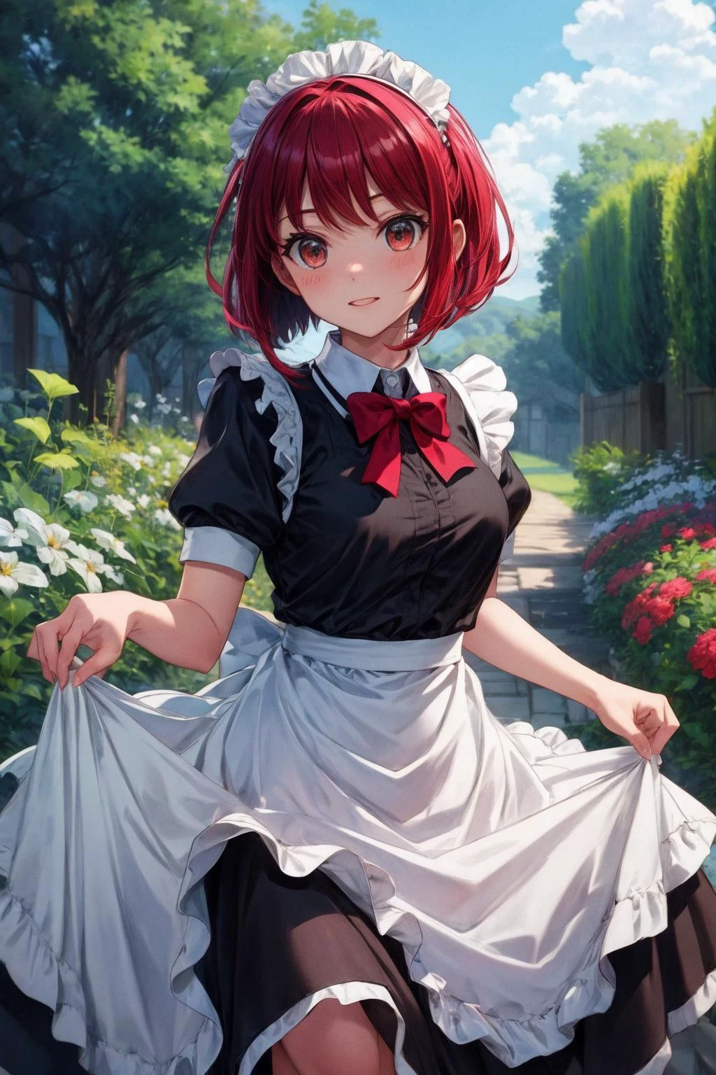 masterpiece, best quality, highres, aakana, short hair, red eyes,
<lora:arima_kana_v1:0.7>
elegant, maid, maid headdress, smile, skirt hold, garden, outdoor
