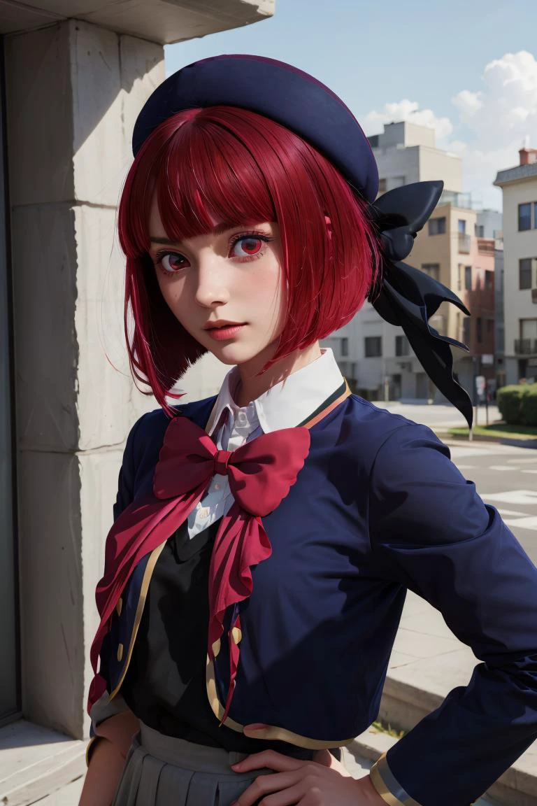 (masterpiece, best quality), 1girl, <lora:arima_kana_v1:1> aakana, short hair, beret, red eyes, blue headwear, red bowtie, collared shirt, blue jacket, open jacket, long sleeves, grey skirt |