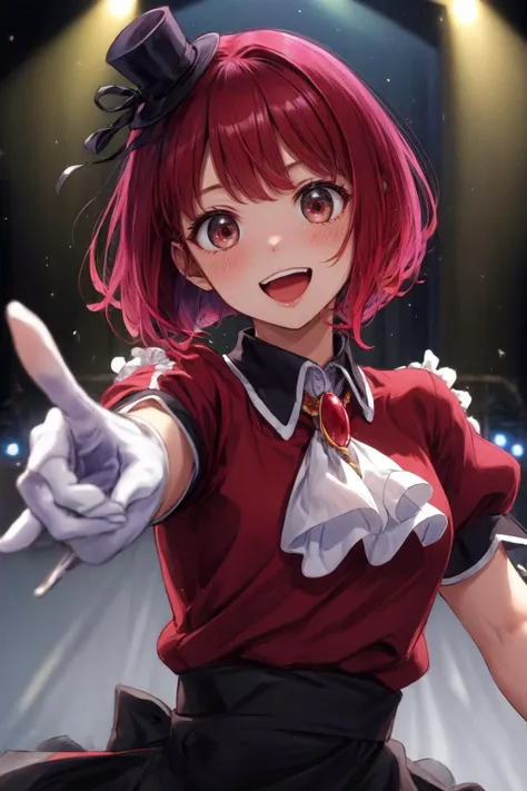 masterpiece, best quality, highres, aakana, short hair, mini hat, head tilt, red eyes, jewelry, brooch, white ascot, frills, red shirt, short sleeves, pink gloves, black skirt, <lora:arima_kana_v1:0.7>, standing, holding microphone, stage, smile, open mouth, pov close portrait, wink, one finger pointing to the viewer