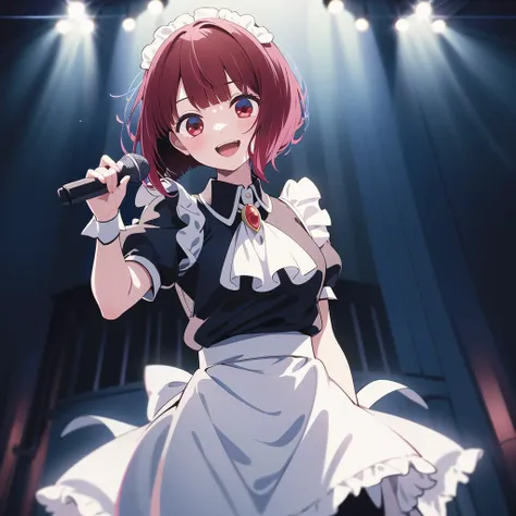 1girl, solo, masterpiece, best quality, illustration, absurdres, cute, film_grain, extremely detailed face, perfect lighting, smile, cowboy shot, <lora:arima_kana_v1:0.8>, aakana, short hair, head tilt, red eyes, jewelry, brooch, white ascot, frills, standing, holding microphone, stage, open mouth, maid, maid dress, hair ornament,