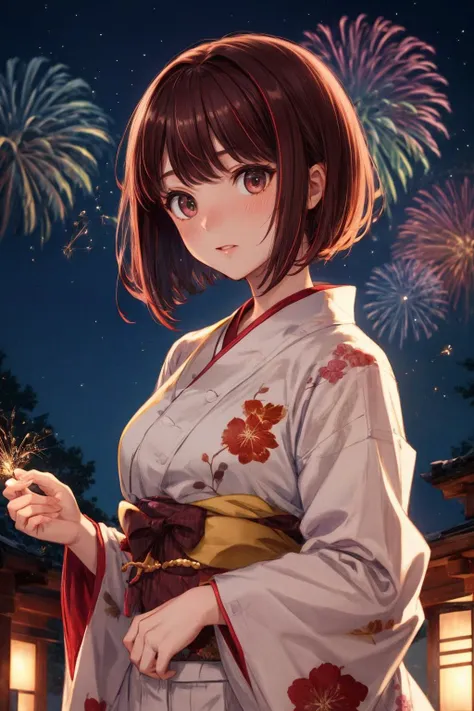 masterpiece, best quality, highres, aakana, short hair, red eyes,
<lora:arima_kana_v1:0.7>
japanese clothes, floral print,, yukata,brown eyes, brown hair , smile ,parted lips, firework, japanese festival