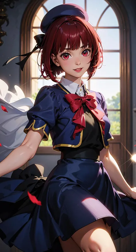 best quality), (masterpiece), (intricate detail, sharp focus), (official art), (perfect lighting), (soft lighting),
BREAK
<lora:arima_kana_v1:0.7> aakana, short hair, beret, red eyes, blue headwear, red bowtie, collared shirt, blue jacket, open jacket, long sleeves, grey skirt, aakana, short hair, mini hat, head tilt, red eyes, jewelry, brooch, white ascot, frills, red shirt, short sleeves, black skirt, (dynamic angle), (dynamic pose), smile,
BREAK
flowers, sparkles, details, extreme details