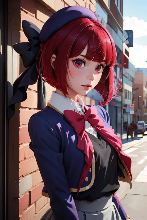 (masterpiece, best quality), 1girl, <lora:arima_kana_v1:1> aakana, short hair, beret, red eyes, blue headwear, red bowtie, collared shirt, blue jacket, open jacket, long sleeves, grey skirt |
