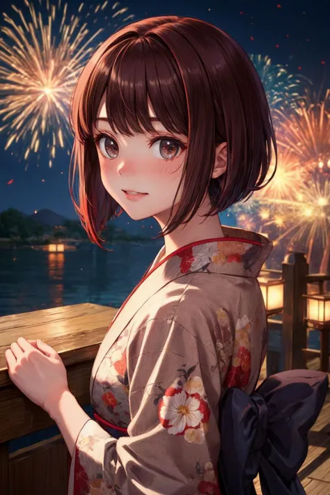 masterpiece, best quality, highres, aakana, short hair, red eyes,
<lora:arima_kana_v1:0.7>
japanese clothes, floral print,, yukata,brown eyes, brown hair , smile ,parted lips, firework, japanese festival, hand_behind, smike,