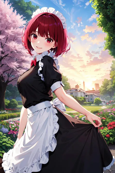 masterpiece, best quality, highres, aakana, short hair, red eyes, <lora:arima_kana_v1:0.7>, maid, garden, skirt hold, smile,