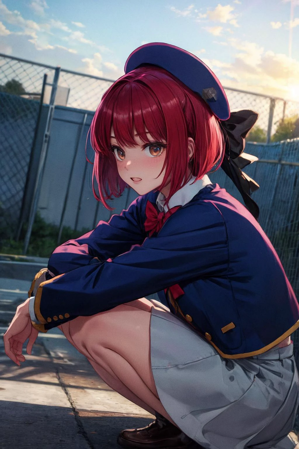 masterpiece, best quality, highres, aakana, short hair, beret, red eyes, blue headwear, red bowtie, collared shirt, blue jacket, open jacket, long sleeves, grey skirt,
<lora:arima_kana_v1:0.7>
school rooftop, chain-link fence, fence, sun, dutch angle, squatting, from side, smile, parted lips, Hugging his legs