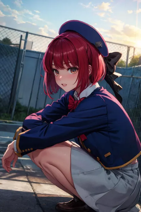 masterpiece, best quality, highres, aakana, short hair, beret, red eyes, blue headwear, red bowtie, collared shirt, blue jacket, open jacket, long sleeves, grey skirt,
<lora:arima_kana_v1:0.7>
school rooftop, chain-link fence, fence, sun, dutch angle, squatting, from side, smile, parted lips, Hugging his legs