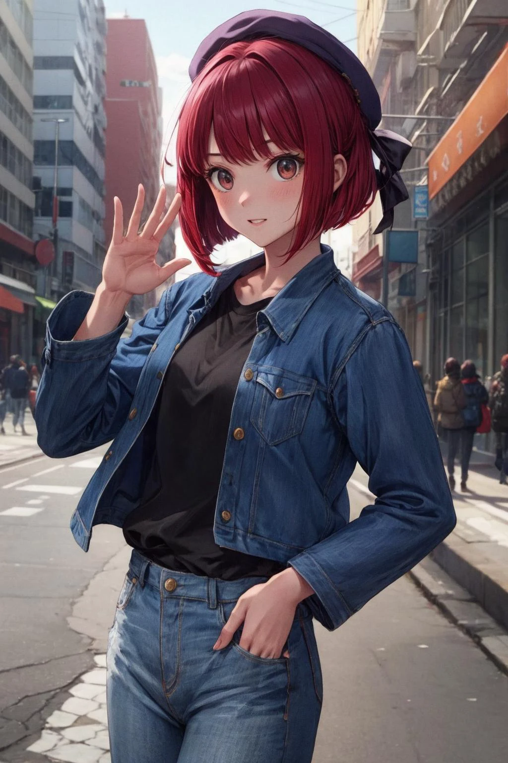 masterpiece, best quality, highres, aakana, short hair, red eyes, blue headwear, denim, black jacket, white shirt, jeans, long sleeves, street, waving hand,
<lora:arima_kana_v1:0.7>