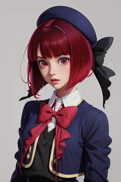 (masterpiece, best quality), 1girl, <lora:arima_kana_v1:1> aakana, short hair, beret, red eyes, blue headwear, red bowtie, collared shirt, blue jacket, open jacket, long sleeves, grey skirt |