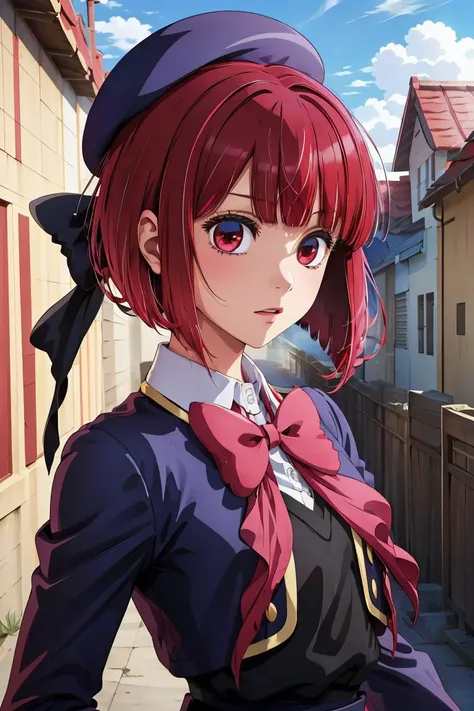 (masterpiece, best quality), 1girl,   <lora:arima_kana_v1:1> aakana, short hair, beret, red eyes, blue headwear, red bowtie, collared shirt, blue jacket, open jacket, long sleeves, grey skirt |