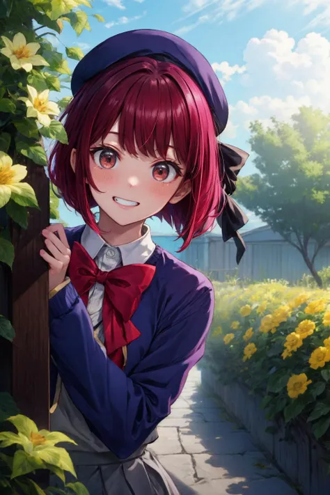 masterpiece, best quality, highres, aakana, short hair, beret, red eyes, blue headwear, red bowtie, collared shirt, blue jacket, open jacket, long sleeves, grey skirt,
grin, peeking out upper body <lora:peeking_out_upper_body_pruned:1.4> , garden, yellow flower
<lora:arima_kana_v1:0.7>