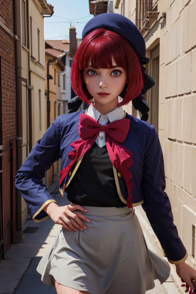 (masterpiece, best quality), 1girl, <lora:arima_kana_v1:1> aakana, short hair, beret, red eyes, blue headwear, red bowtie, collared shirt, blue jacket, open jacket, long sleeves, grey skirt |
